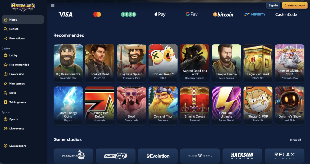 Winner Island Credit Card Casino homepage